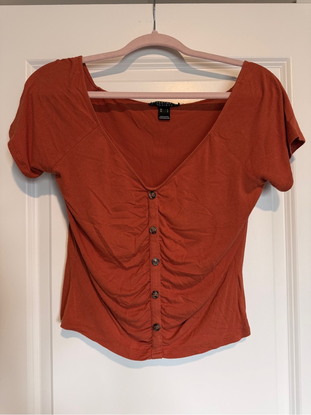 Streetwear Society Rust Button-Front Ruched Crop Top